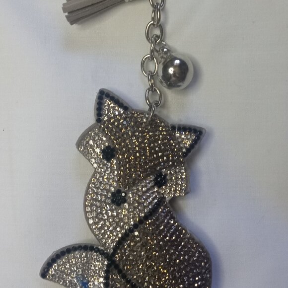 Bling Cat Keychain Leather Bag Charm W/Tassel, Rhinestone, Silver Color 7" - Picture 1 of 5